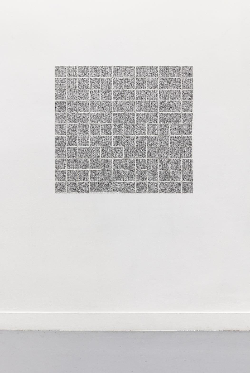 132 printed QR codes arranged in a grid on a gallery wall