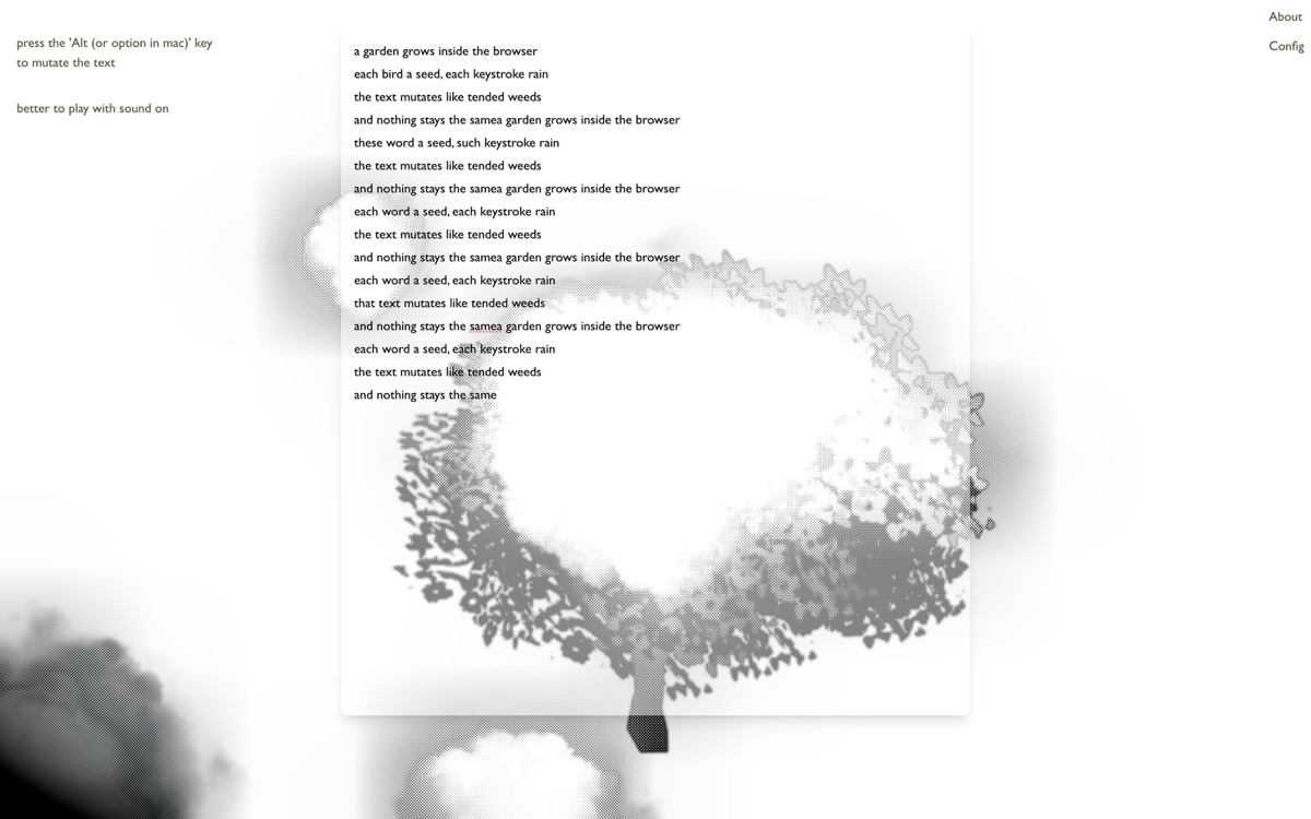 Poetic Garden — a poem typed into the browser, its mutated lines accumulating as a dithered tree grows beneath the text