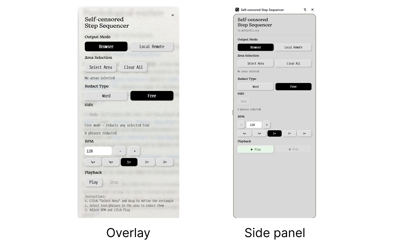 Comparison of the two presentation modes: floating overlay and Chrome side panel
