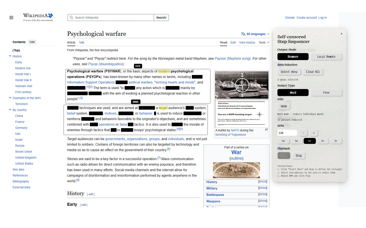 Self-censored Step Sequencer overlay on a Wikipedia article, redacted words firing as steps